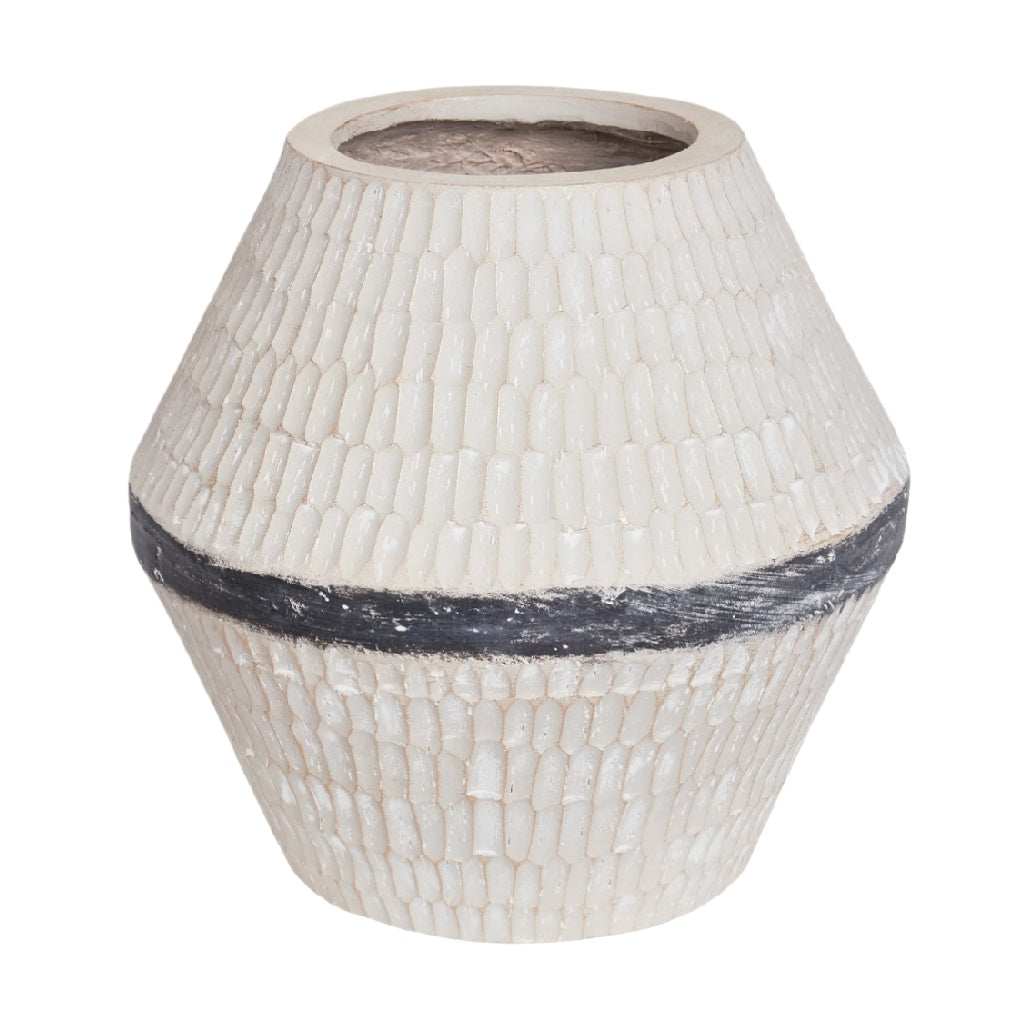 White Textured Ceramic Planter with Black Accent Band